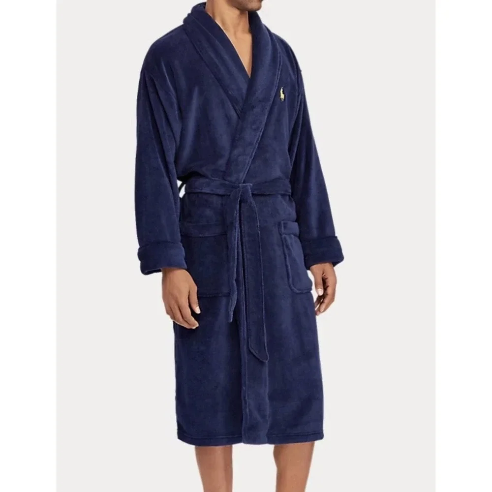 Polo Ralph Lauren Mens Cruise Navy Plush Microfiber Robe OS Pony Logo Preppy